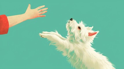   A white dog leaps high in the air to catch a flying frisbee with its owner's outstretched hand