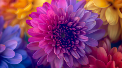 Obraz premium Colorful chrysanthemum flower macro shot showcasing the vibrant yellow, red, and purple petals. Perfect as a background for floral-themed designs.