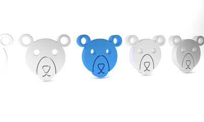 Blue Bear head icon isolated on white background. Minimalism concept. 3D render illustration