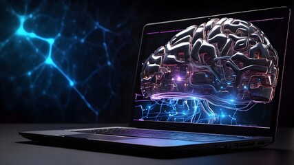 Hardware for artificial intelligence idea. Close-up of a laptop on a black backdrop with a circuit hologram and a luminous cloud brain