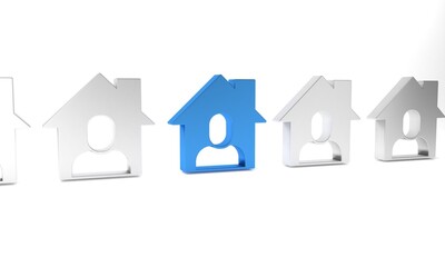 Blue Online working icon isolated on white background. Freelancer man working on laptop at his house. Remote work. Distant job concept. Minimalism concept. 3D render illustration