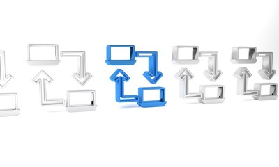 Blue Online working icon isolated on white background. Freelancer man working on laptop at his house. Remote work. Distant job concept. Minimalism concept. 3D render illustration