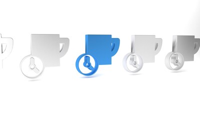 Blue Time management icon isolated on white background. Clock and coffee cup sign. Productivity symbol. Minimalism concept. 3D render illustration