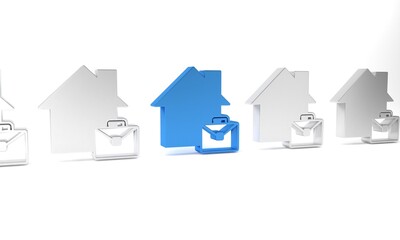 Blue Online working icon isolated on white background. Freelancer man working on laptop at his house. Remote work. Distant job concept. Minimalism concept. 3D render illustration