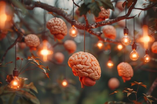 Conceptual image of brains hanging from tree branches blending nature and intellect symbolizing growth knowledge and the organic development of ideas and intelligence.