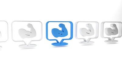 Blue Bodybuilder showing his muscles icon isolated on white background. Fit fitness strength health hobby concept. Minimalism concept. 3D render illustration