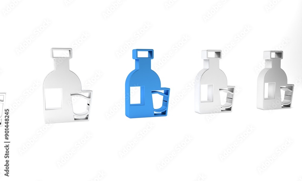 Wall mural Blue Bottle of vodka with glass icon isolated on white background. Minimalism concept. 3D render illustration