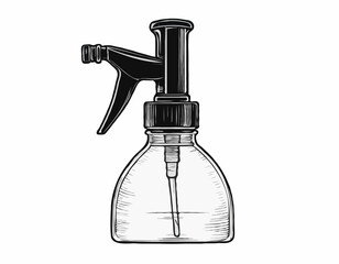 Cylindric sprayer bottle black sketch hand drawn closeup isolated on white background