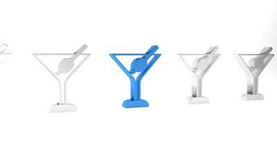 Blue Martini glass icon isolated on white background. Cocktail icon. Wine glass icon. Minimalism concept. 3D render illustration