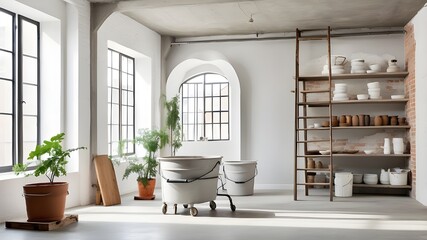 Bright apartment restoration space with white walls and brick accents, concrete floor, and a concrete ladder with buckets