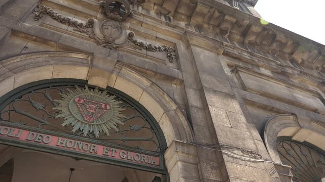 PORTO, PORTUGAL - APRIL 12 2017: Church of Trinity, is church in city of Porto in Portugal, located in Praca da Trindade behind building of City Hall of Porto. It was built by Carlos Amarante.