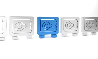 Blue Safe icon isolated on white background. The door safe a bank vault with a combination lock. Reliable Data Protection. Minimalism concept. 3D render illustration