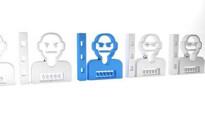 Blue Suspect criminal icon isolated on white background. The criminal in prison, suspected near the board. Minimalism concept. 3D render illustration