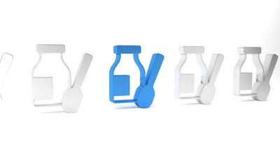 Blue Drinking yogurt in bottle with spoon icon isolated on white background. Minimalism concept. 3D render illustration
