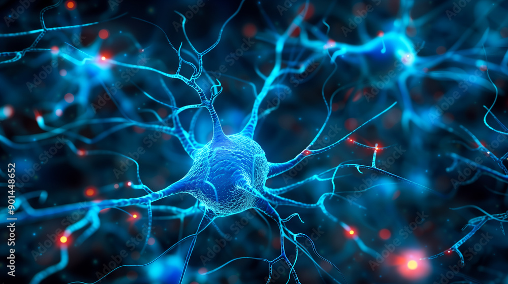 Poster a blue and white image of neurons. the neurons are connected to each other and are in different shap