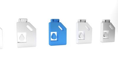Blue Canister for motor machine oil icon isolated on white background. Oil gallon. Oil change service and repair. Engine oil sign. Minimalism concept. 3D render illustration