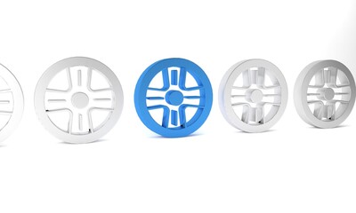 Blue Alloy wheel for a car icon isolated on white background. Minimalism concept. 3D render illustration