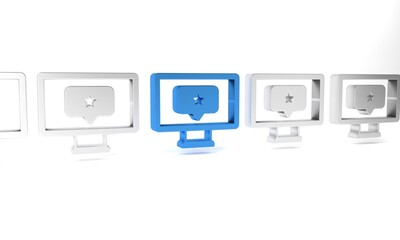 Blue Monitor with star icon isolated on white background. Favorite, best rating, award symbol. Minimalism concept. 3D render illustration