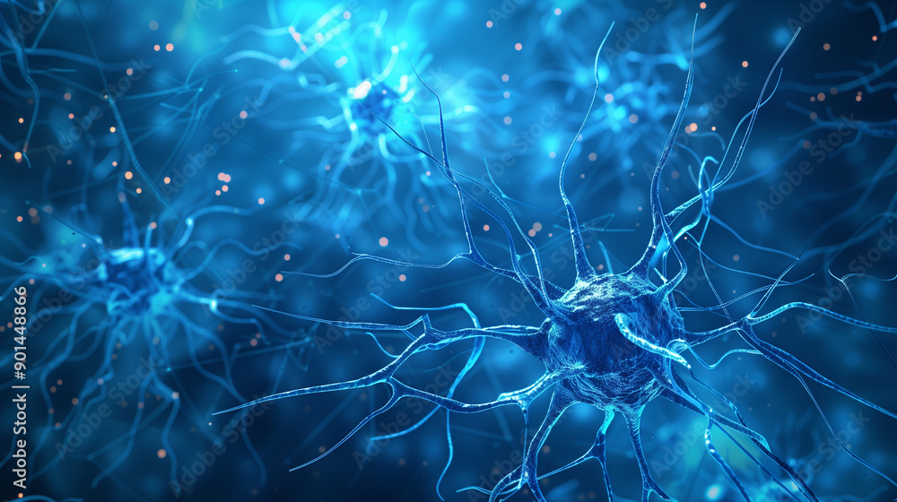 Poster a blue and white image of neurons. the neurons are connected to each other and are in different shap