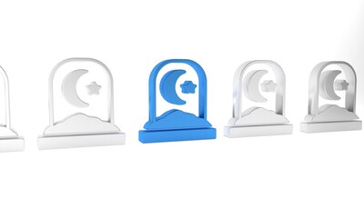 Blue Muslim cemetery icon isolated on white background. Islamic gravestone. Minimalism concept. 3D render illustration