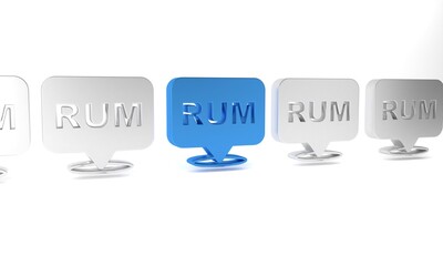 Blue Alcohol drink Rum bottle icon isolated on white background. Minimalism concept. 3D render illustration
