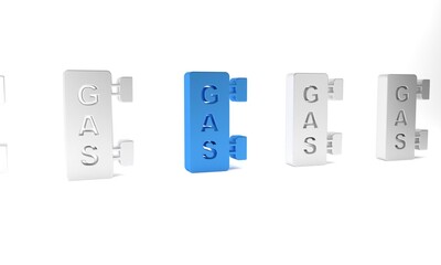 Blue Gas filling station icon isolated on white background. Transport related service building Gasoline and oil station. Minimalism concept. 3D render illustration
