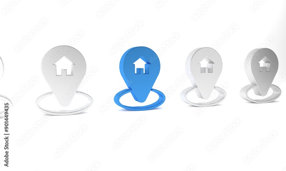 Poster blue map pointer with house icon isolated on white background. home location marker symbol. minimali