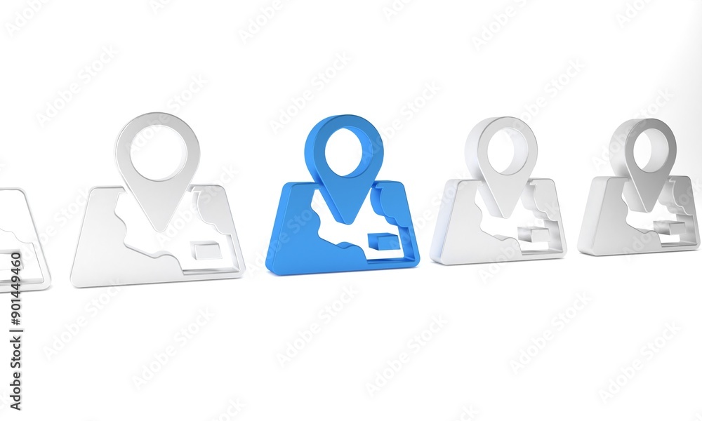 Poster blue folded map with location marker icon isolated on white background. minimalism concept. 3d rende