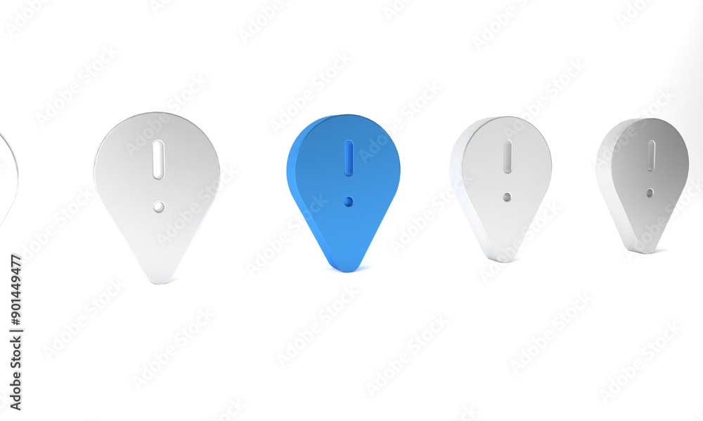 Poster blue map pointer with exclamation mark icon isolated on white background. hazard warning sign, caref