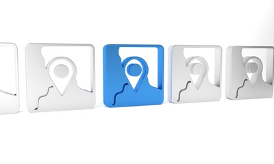 Blue Folded map with location marker icon isolated on white background. Minimalism concept. 3D render illustration
