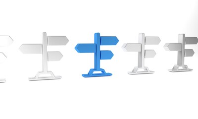 Blue Road traffic sign. Signpost icon isolated on white background. Pointer symbol. Street information sign. Direction sign. Minimalism concept. 3D render illustration