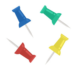 Vector push pins, attaching buttons. Hand drawn colorful stationery isolated on white background. School and office supplies, Thumbtacks for attach in different colors.Colored flat vector illustration