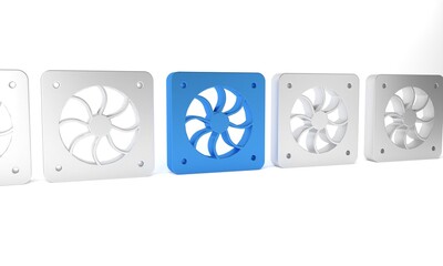 Blue Computer cooler icon isolated on white background. PC hardware fan. Minimalism concept. 3D render illustration