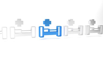 Blue Hospital bed icon isolated on white background. Minimalism concept. 3D render illustration
