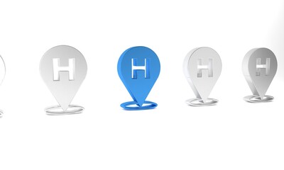 Blue Medical map pointer with cross hospital icon isolated on white background. Minimalism concept. 3D render illustration