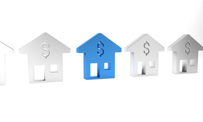 Blue House with dollar symbol icon isolated on white background. Home and money. Real estate concept. Minimalism concept. 3D render illustration