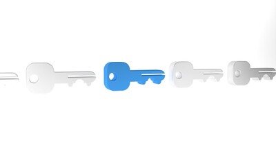 Blue House key icon isolated on white background. Minimalism concept. 3D render illustration