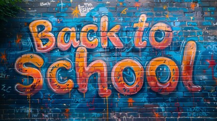 Fototapeta premium A brick wall is adorned with colorful graffiti, featuring the phrase Back to School in bold, stylized letters.