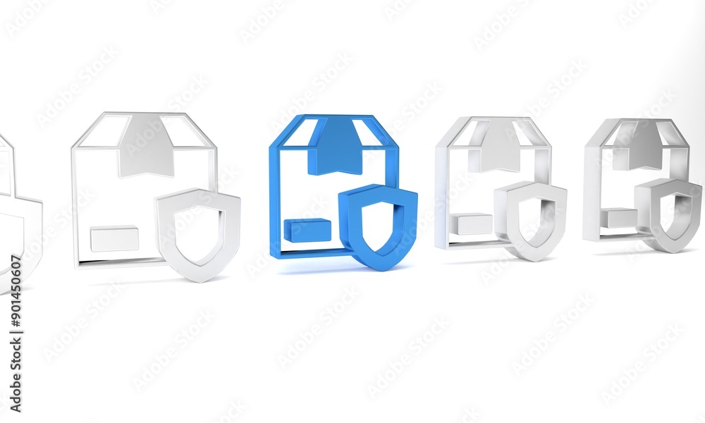 Wall mural Blue Delivery security with shield icon isolated on white background. Delivery insurance. Insured cardboard boxes beyond the shield. Minimalism concept. 3D render illustration