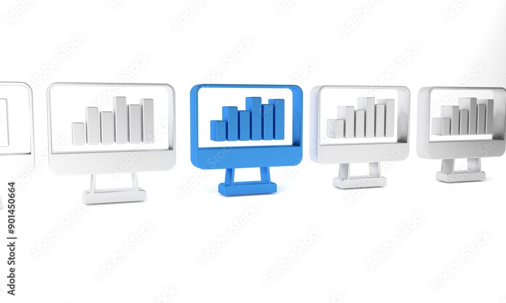 Poster blue computer monitor with graph chart icon isolated on white background. report text file icon. acc