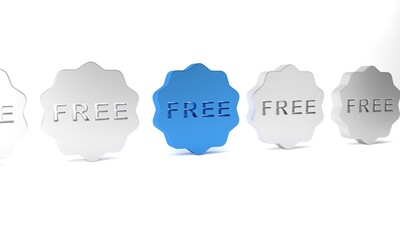 Blue Price tag with an inscription Free icon isolated on white background. Badge for price. Promo tag discount. Minimalism concept. 3D render illustration