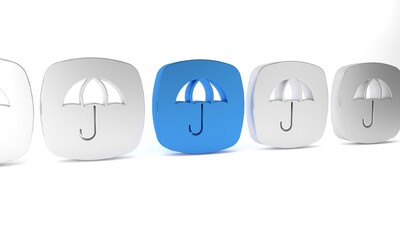 Blue Delivery package with umbrella symbol icon isolated on white background. Parcel cardboard box with umbrella sign. Logistic and delivery. Minimalism concept. 3D render illustration