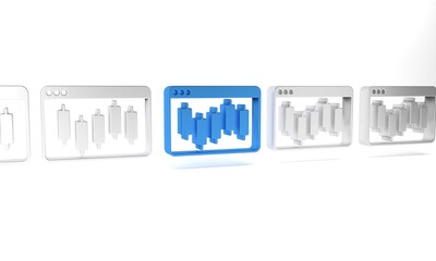 Blue Browser with stocks market growth graphs and money icon isolated on white background. Monitor with stock charts arrow on screen. Minimalism concept. 3D render illustration