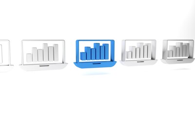 Blue Laptop with graph chart icon isolated on white background. Report text file icon. Accounting sign. Audit, analysis, planning. Minimalism concept. 3D render illustration