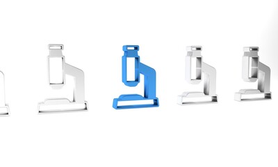 Blue Microscope icon isolated on white background. Chemistry, pharmaceutical instrument, microbiology magnifying tool. Minimalism concept. 3D render illustration