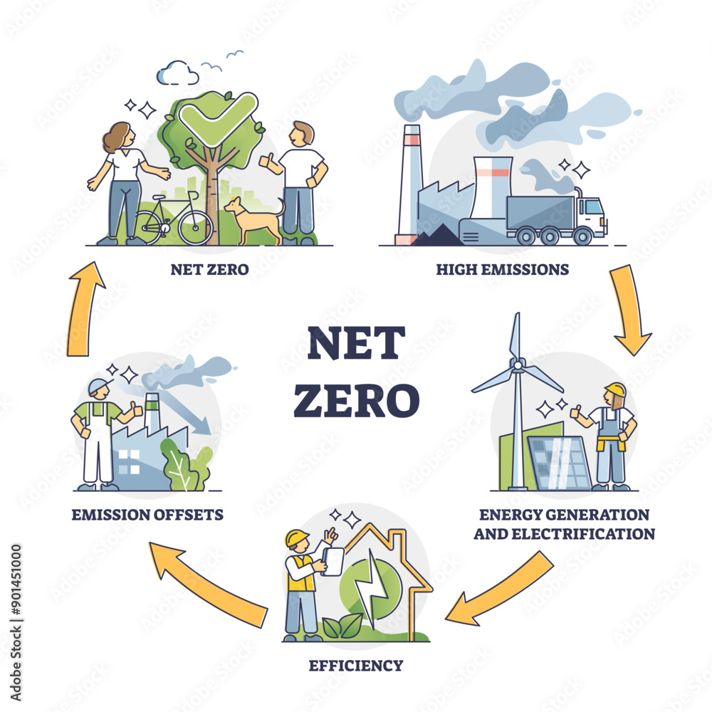 Poster net zero and co2 carbon emissions neutrality target actions outline diagram, transparent background.