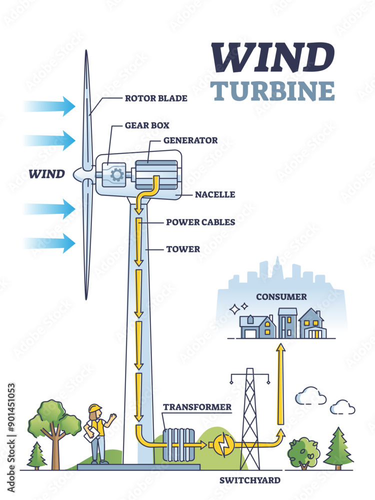 Poster wind turbine work principle with mechanical inner structure outline diagram, transparent background.