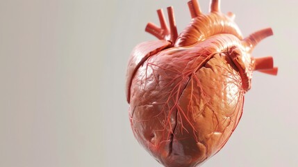 A heart is shown in a close up, with its veins and arteries visible