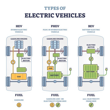 Types of electric vehicles with labeled battery and motor outline diagram, transparent background. Educational scheme with hybrid, plug-in and electricity car power supply illustration.
