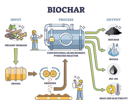 Biochar, biogas, bio oil and energy production by conventional or microwave pyrolysis reactor, transparent background. Illustrated scheme with the process stages.